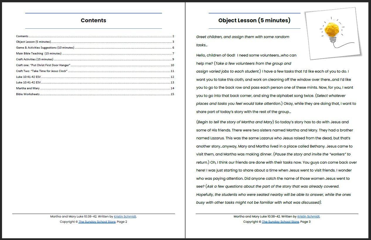 Martha and Mary (Luke 10:38-42) Printable Bible Lesson & Sunday School Activities - Sunday School Store