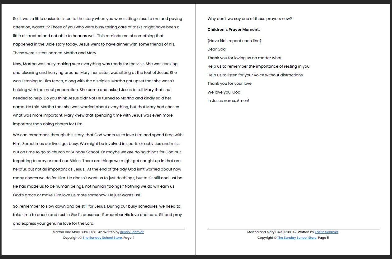 Martha and Mary (Luke 10:38-42) Printable Bible Lesson & Sunday School Activities - Sunday School Store