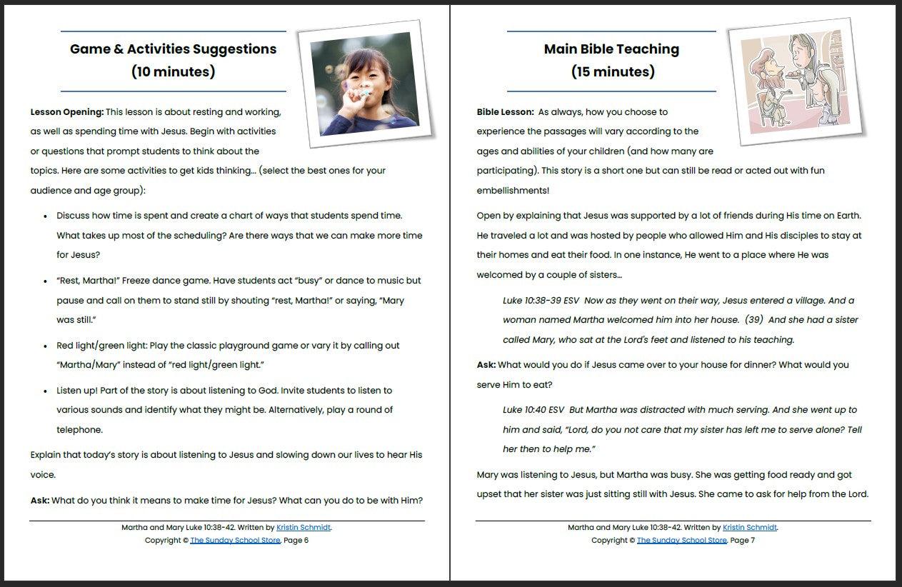 Martha and Mary (Luke 10:38-42) Printable Bible Lesson & Sunday School Activities - Sunday School Store