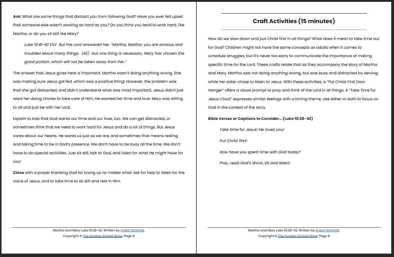 Martha and Mary (Luke 10:38-42) Printable Bible Lesson & Sunday School Activities - Sunday School Store
