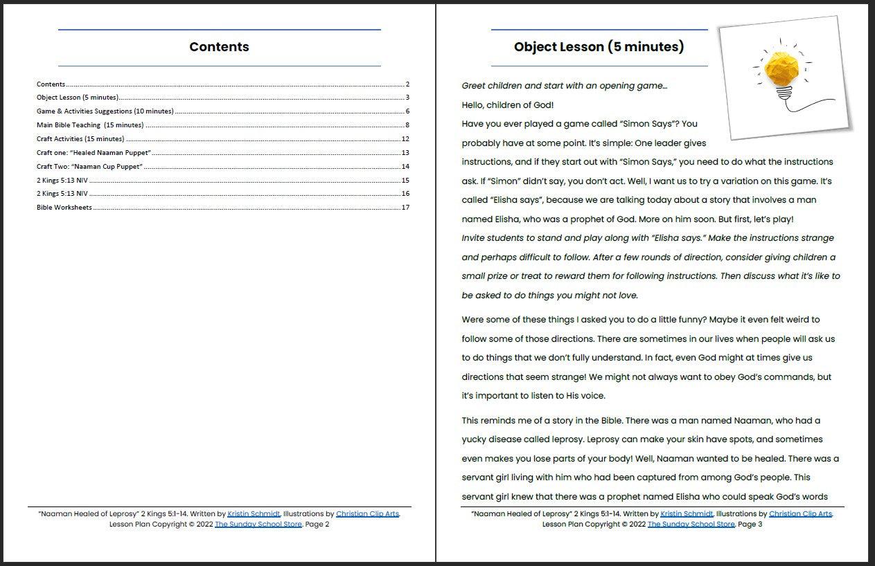 Naaman Healed (2 Kings 5:1-14) Printable Bible Lesson & Sunday School Activities - Sunday School Store
