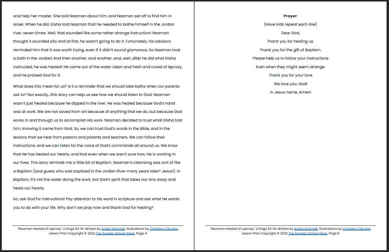 Naaman Healed (2 Kings 5:1-14) Printable Bible Lesson & Sunday School Activities - Sunday School Store