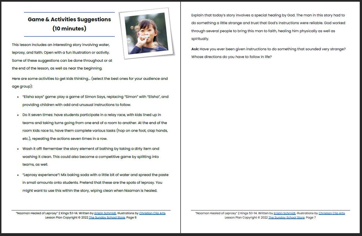 Naaman Healed (2 Kings 5:1-14) Printable Bible Lesson & Sunday School Activities - Sunday School Store