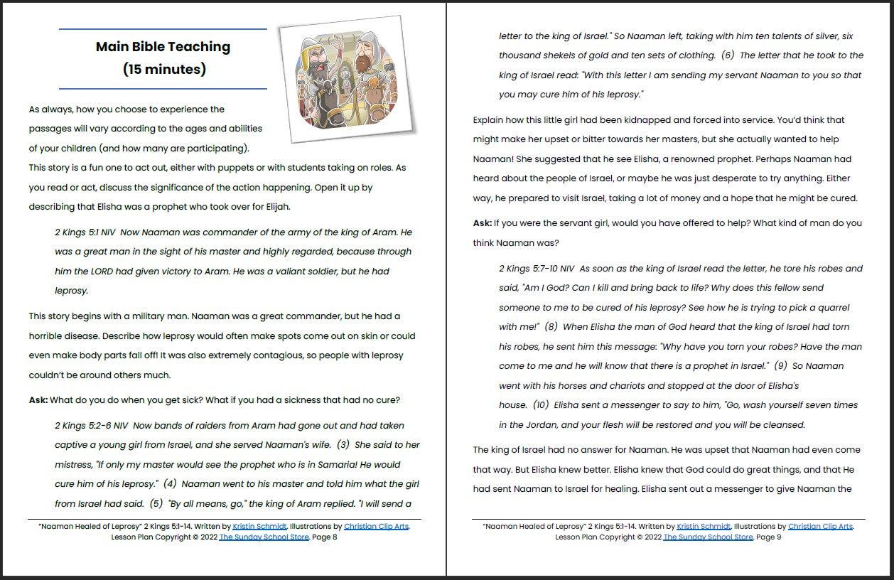 Naaman Healed (2 Kings 5:1-14) Printable Bible Lesson & Sunday School Activities - Sunday School Store