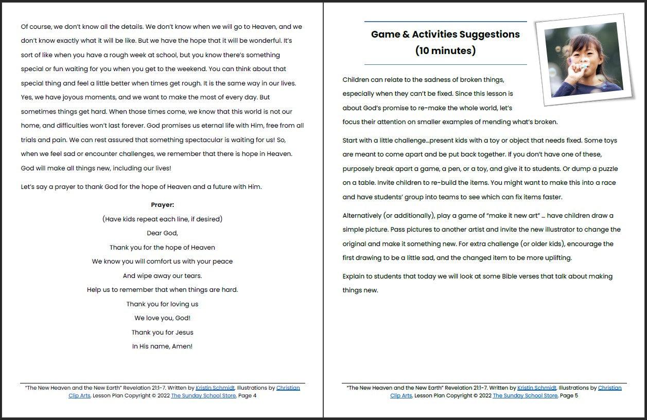 New Heaven and New Earth (Revelation 21:1-7 ) Printable Bible Lesson & Sunday School Activities - Sunday School Store