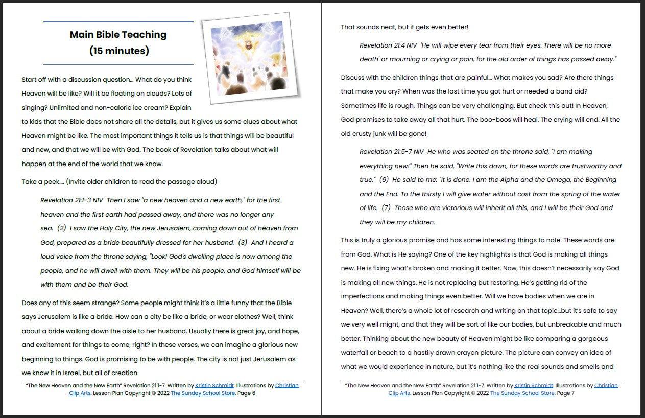 New Heaven and New Earth (Revelation 21:1-7 ) Printable Bible Lesson & Sunday School Activities - Sunday School Store