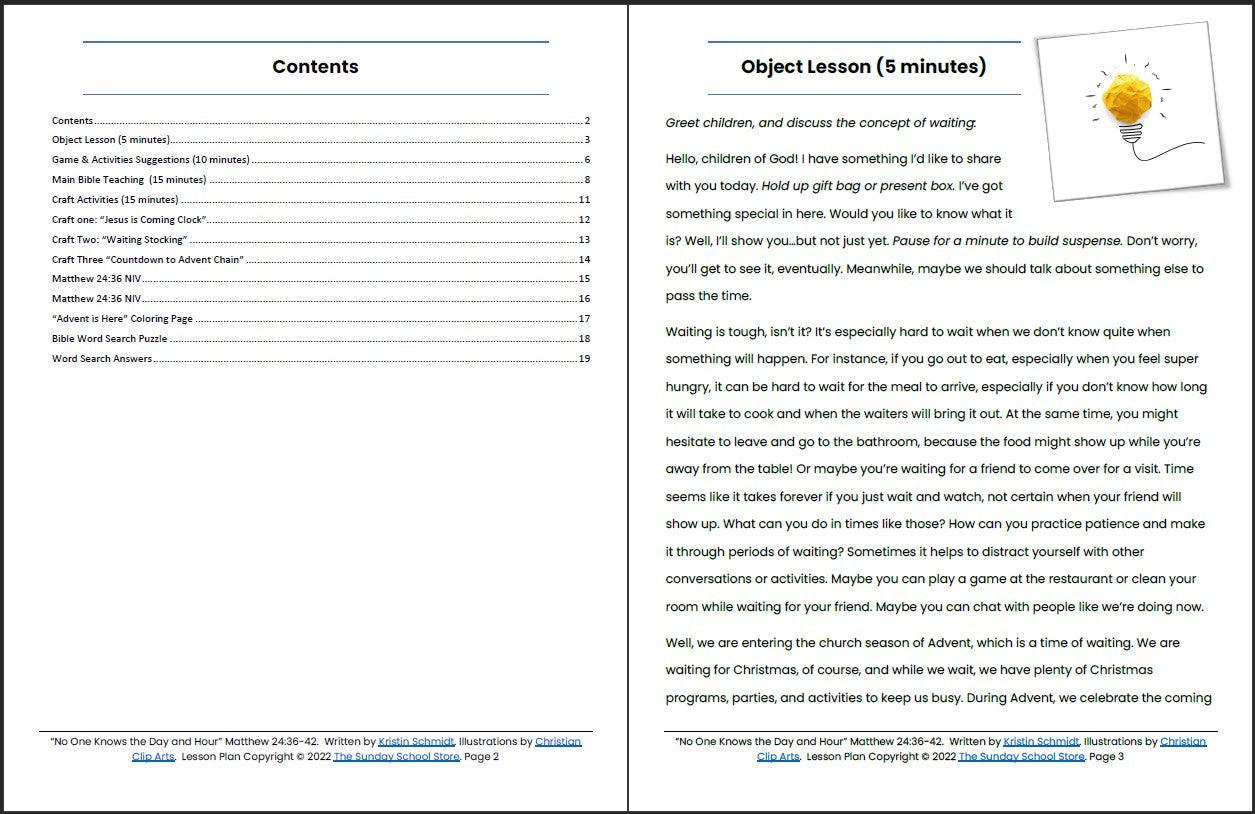 No One Knows the Day and Hour (Matthew 24:36-42) Printable Advent Bible Lesson & Sunday School Activities - Sunday School Store