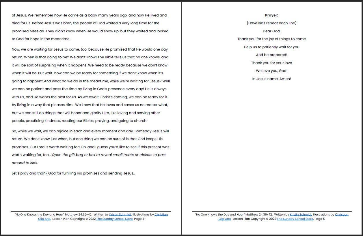 No One Knows the Day and Hour (Matthew 24:36-42) Printable Advent Bible Lesson & Sunday School Activities - Sunday School Store