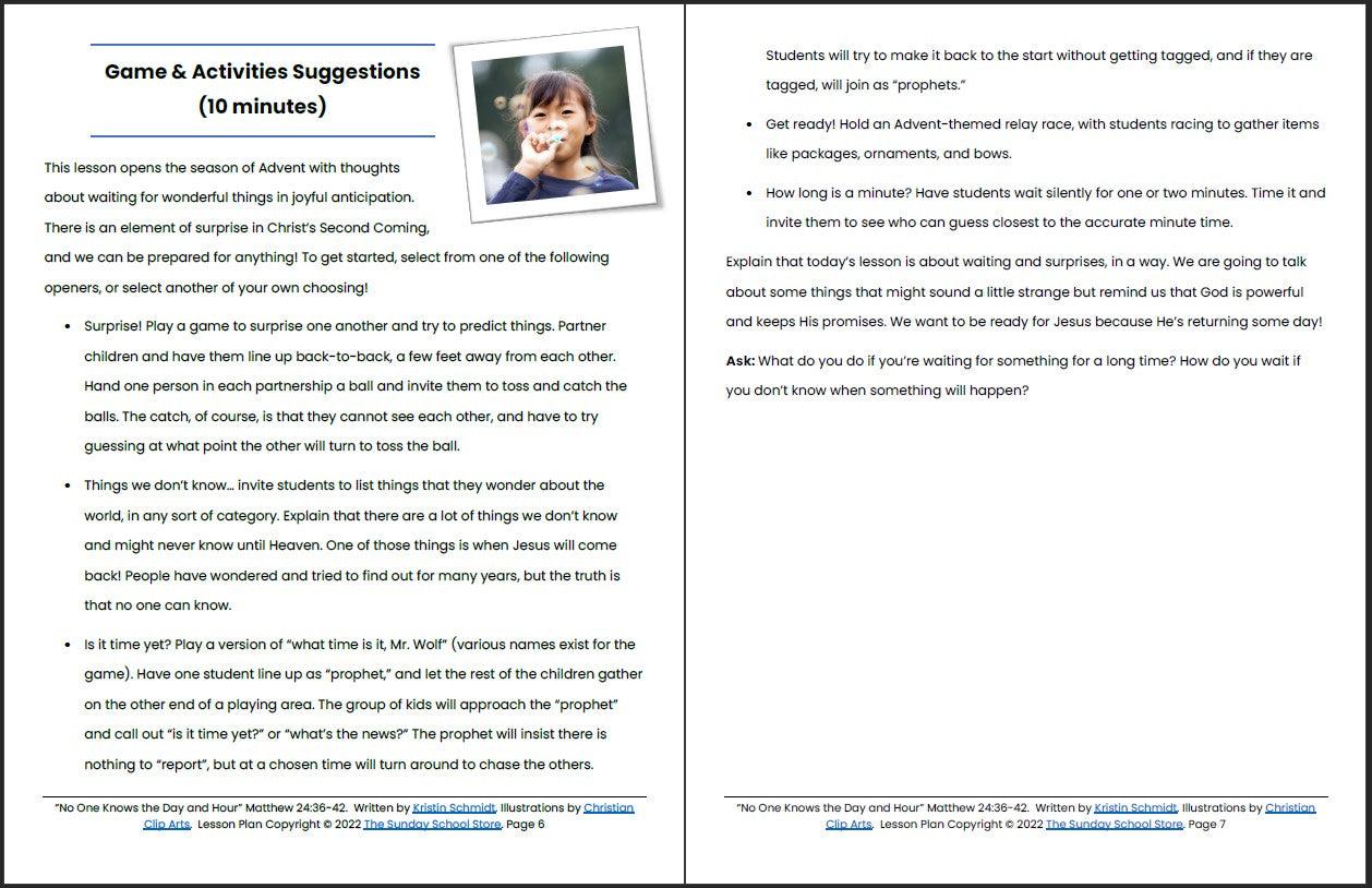 No One Knows the Day and Hour (Matthew 24:36-42) Printable Advent Bible Lesson & Sunday School Activities - Sunday School Store