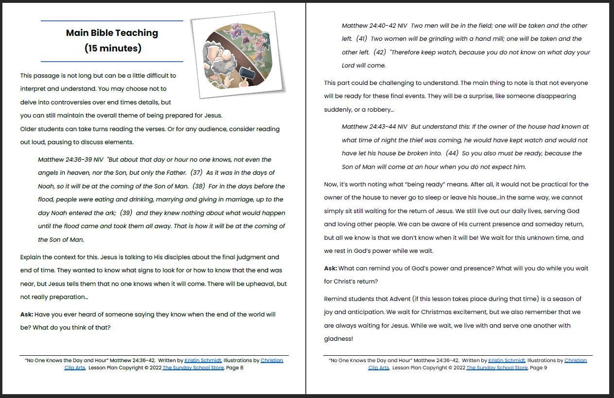 No One Knows the Day and Hour (Matthew 24:36-42) Printable Advent Bible Lesson & Sunday School Activities - Sunday School Store