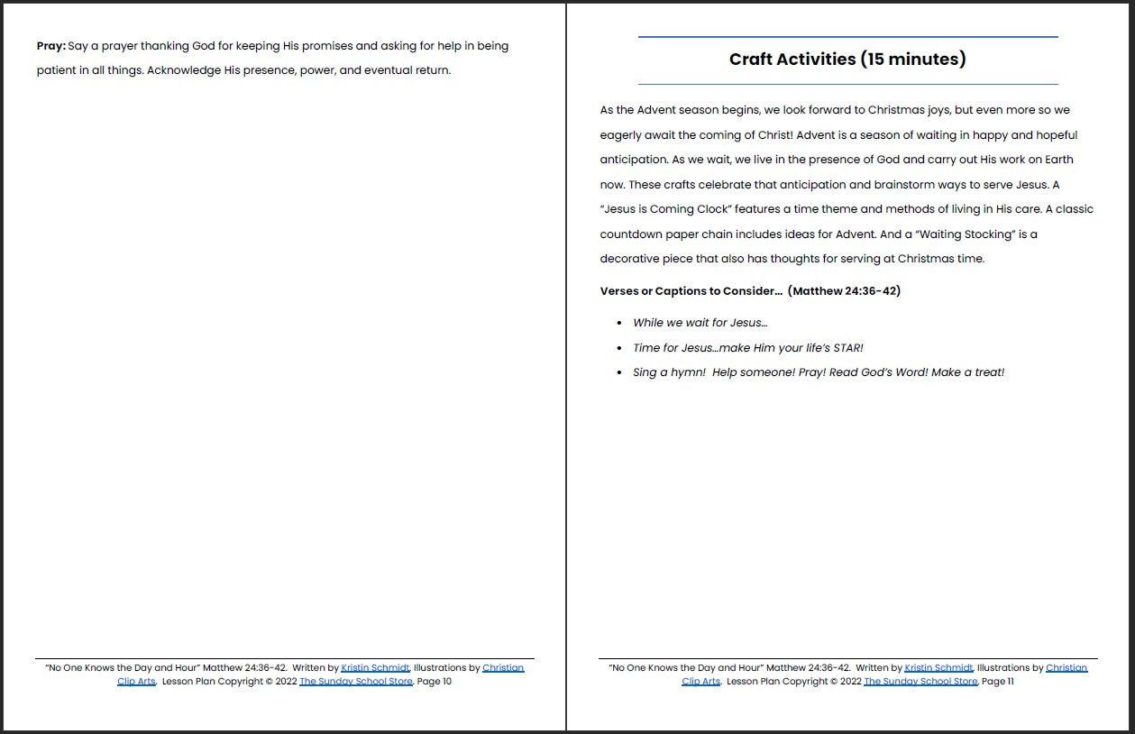 No One Knows the Day and Hour (Matthew 24:36-42) Printable Advent Bible Lesson & Sunday School Activities - Sunday School Store
