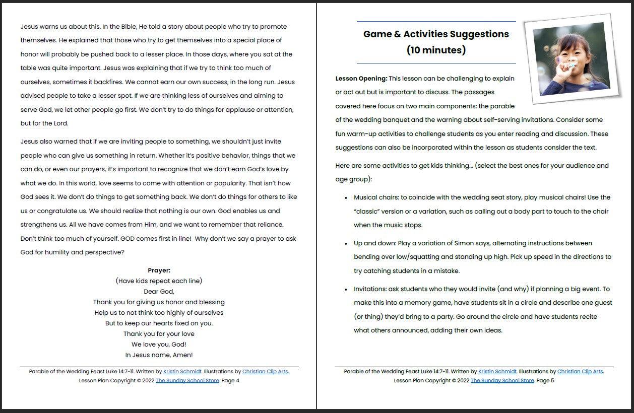 Parable of the Wedding Feast (Luke 14:7-11) Printable Bible Lesson & Sunday School Activities - Sunday School Store