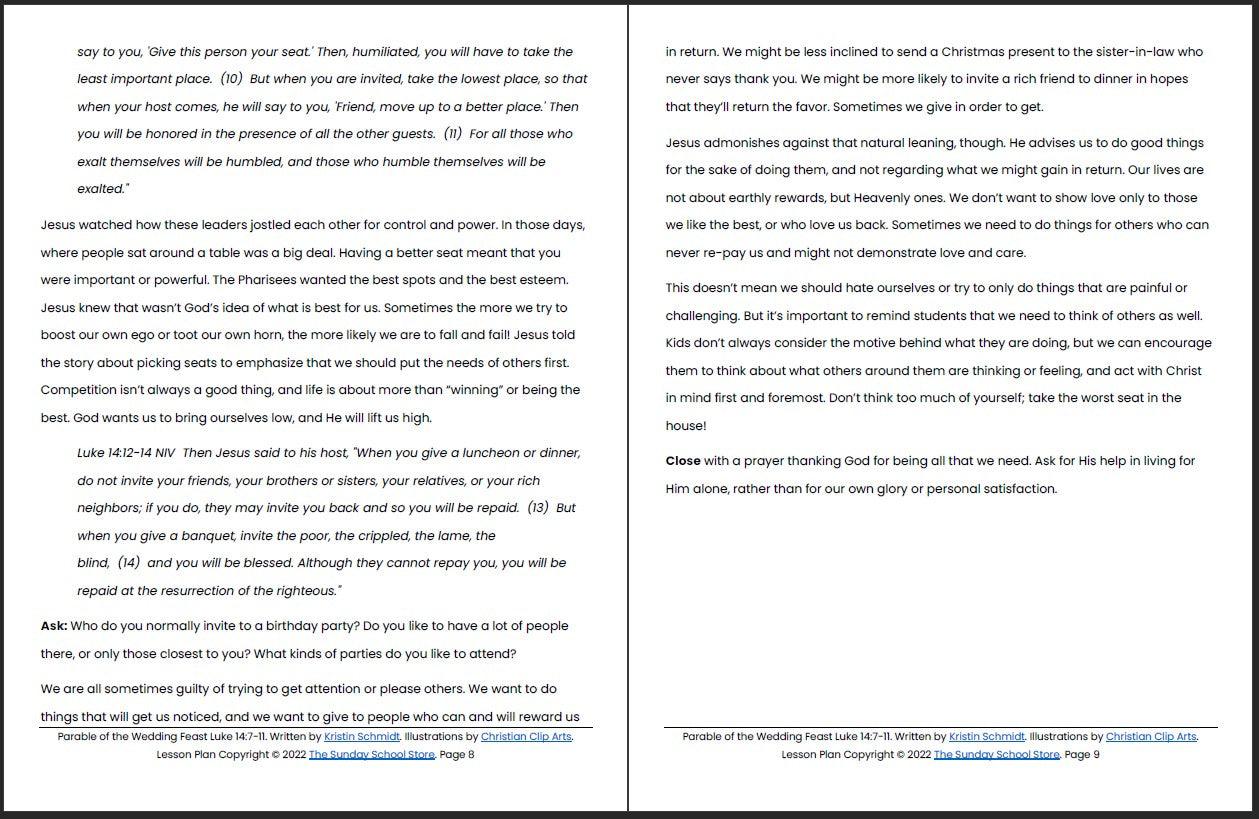 Parable of the Wedding Feast (Luke 14:7-11) Printable Bible Lesson & Sunday School Activities - Sunday School Store