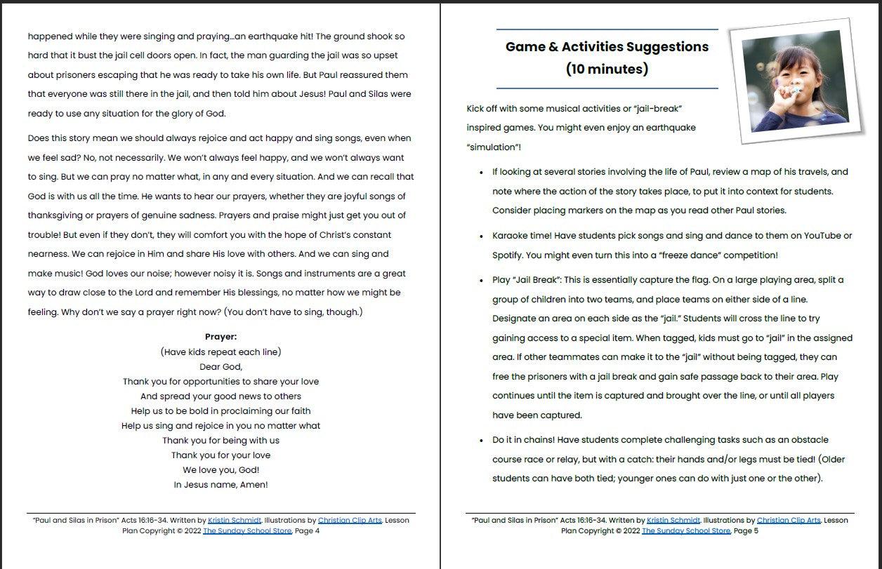 Paul and Silas in Prison (Acts 16:16-34) Printable Bible Lesson & Sunday School Activities - Sunday School Store