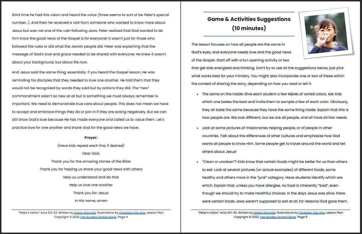 Peter's Vision (Acts 10:1-33) Printable Bible Lesson & Sunday School Activities - Sunday School Store