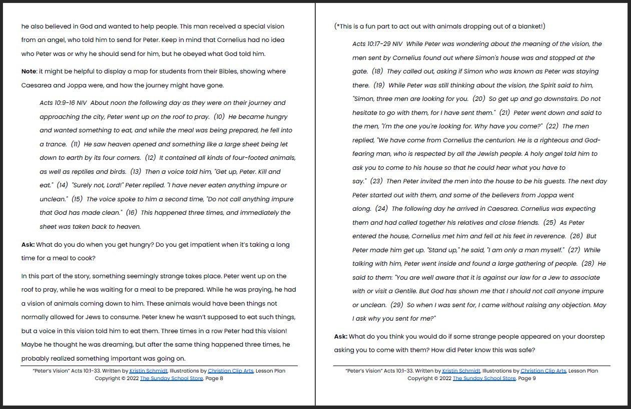 Peter's Vision (Acts 10:1-33) Printable Bible Lesson & Sunday School Activities - Sunday School Store