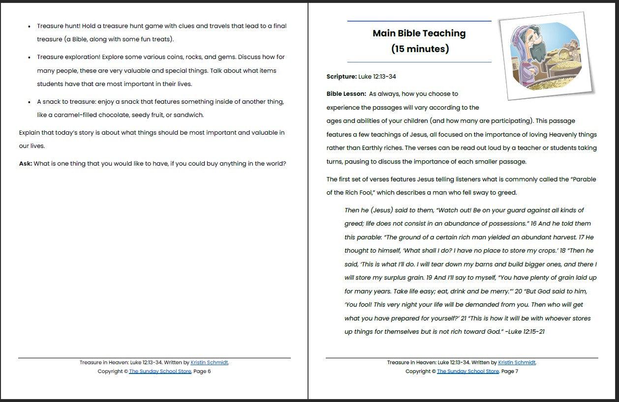 Treasure in Heaven (Luke 12:13-34) Printable Bible Lesson & Sunday School Activities - Sunday School Store