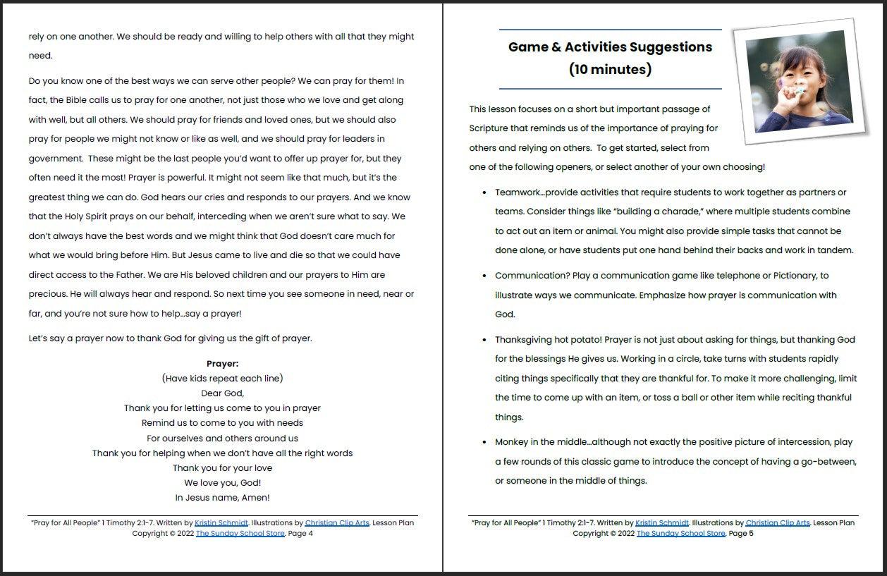 Pray for All People (1 Timothy 2) Printable Bible Lesson & Sunday School Activities - Sunday School Store