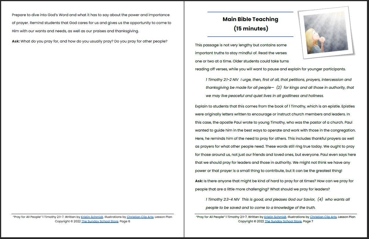 Pray for All People (1 Timothy 2) Printable Bible Lesson & Sunday School Activities - Sunday School Store