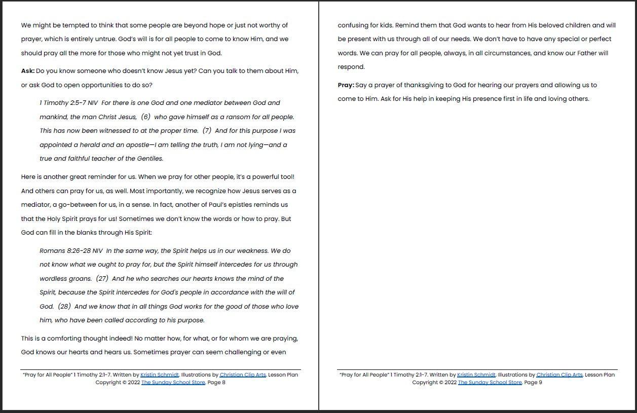 Pray for All People (1 Timothy 2) Printable Bible Lesson & Sunday School Activities - Sunday School Store