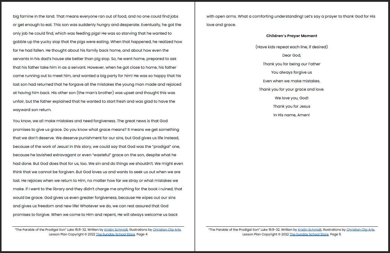 The Parable of the Prodigal Son (Luke 15:11-32) Printable Bible Lesson & Sunday School Activities - Sunday School Store