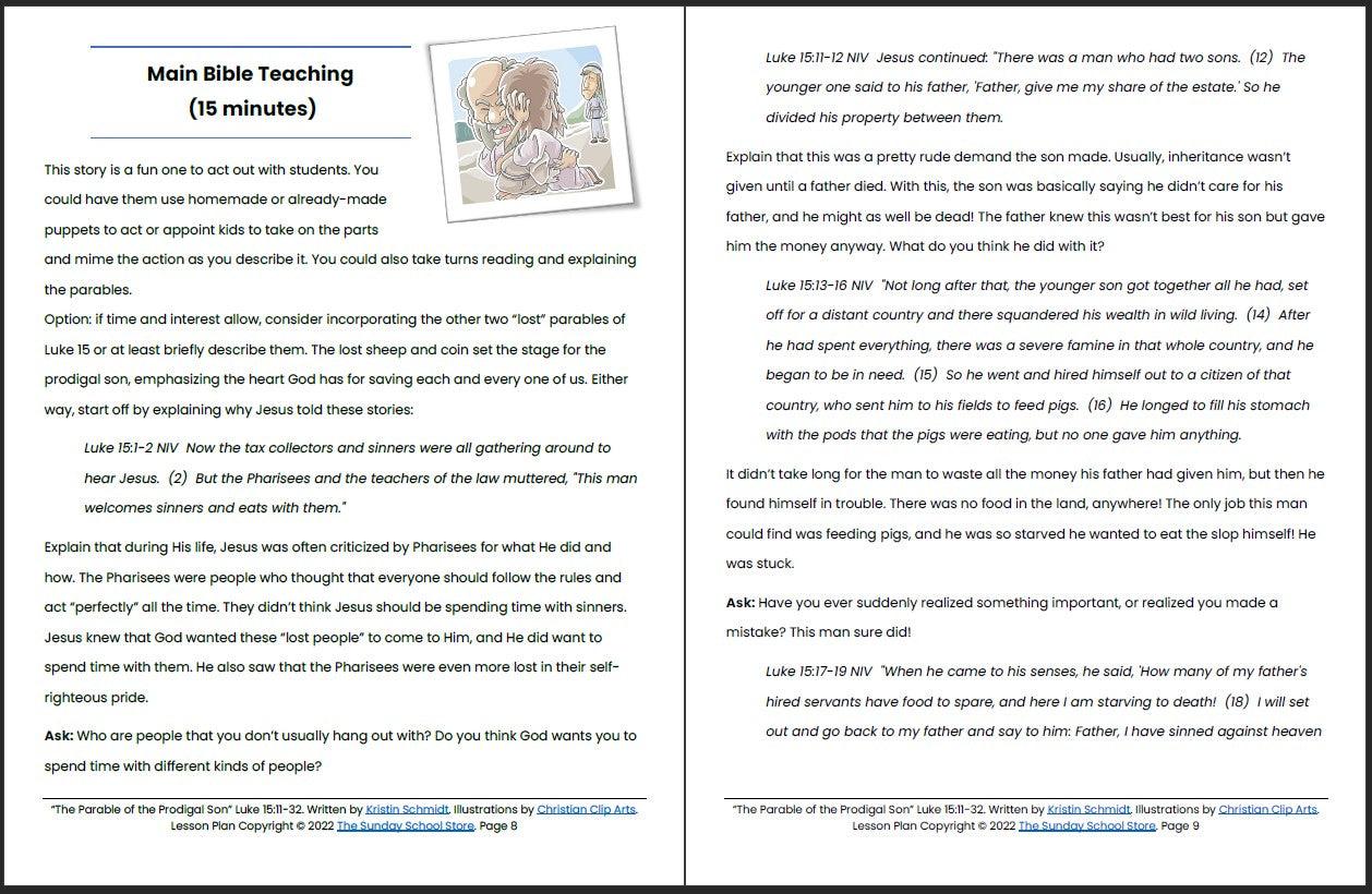The Parable of the Prodigal Son (Luke 15:11-32) Printable Bible Lesson & Sunday School Activities - Sunday School Store