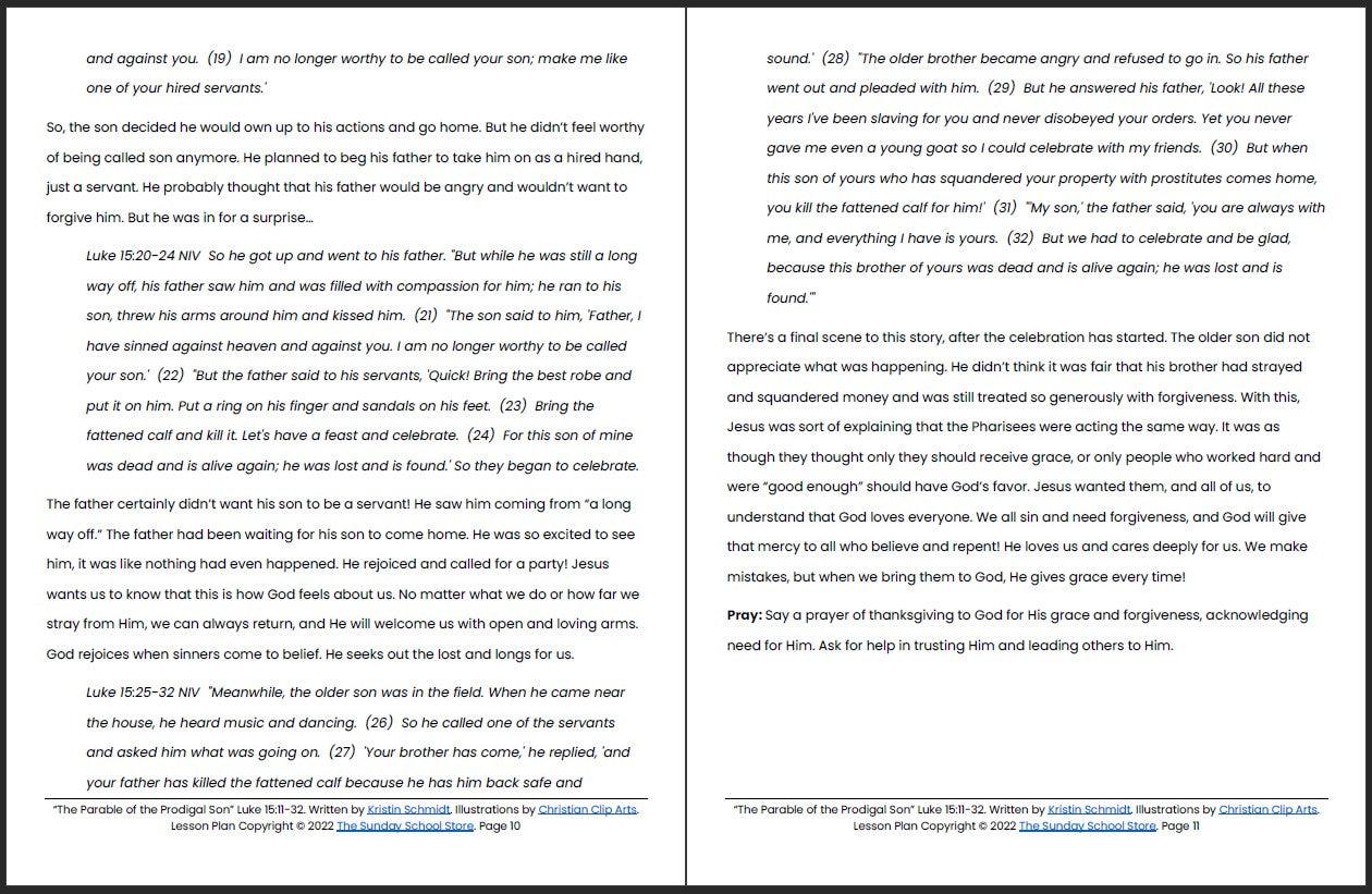 The Parable of the Prodigal Son (Luke 15:11-32) Printable Bible Lesson & Sunday School Activities - Sunday School Store