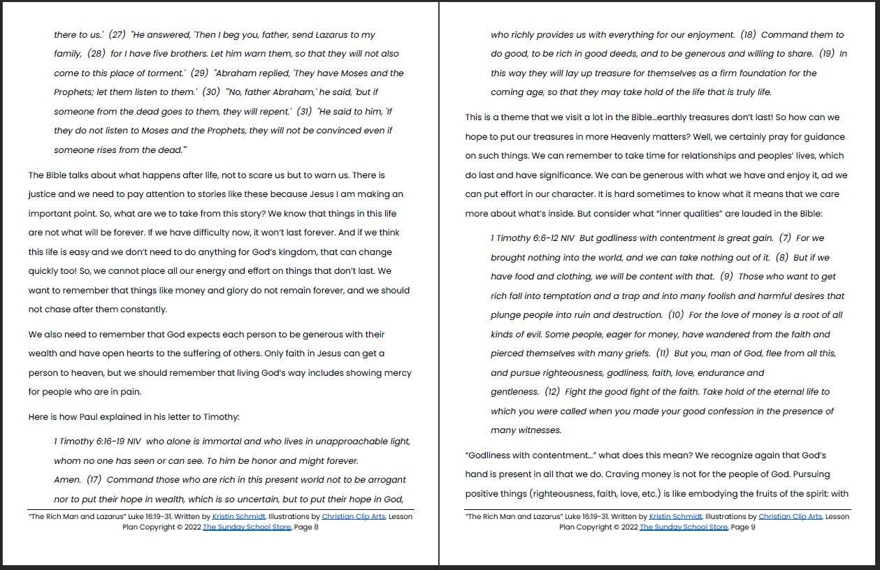 The Rich Man and Lazarus (Luke 16:19-31) Printable Bible Lesson & Sunday School Activities - Sunday School Store