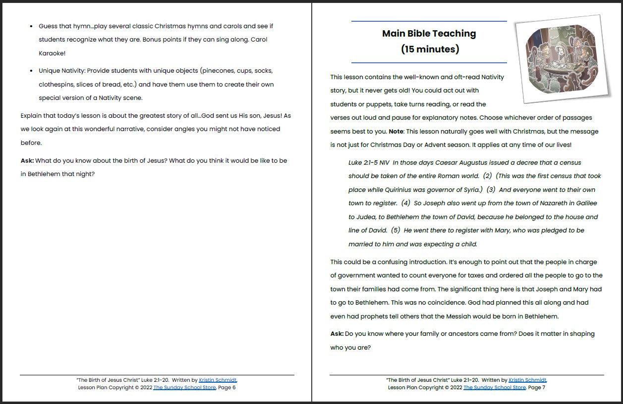 The Birth of Jesus Christ (Luke 2:1-20) Printable Christmas Bible Lesson & Sunday School Activities