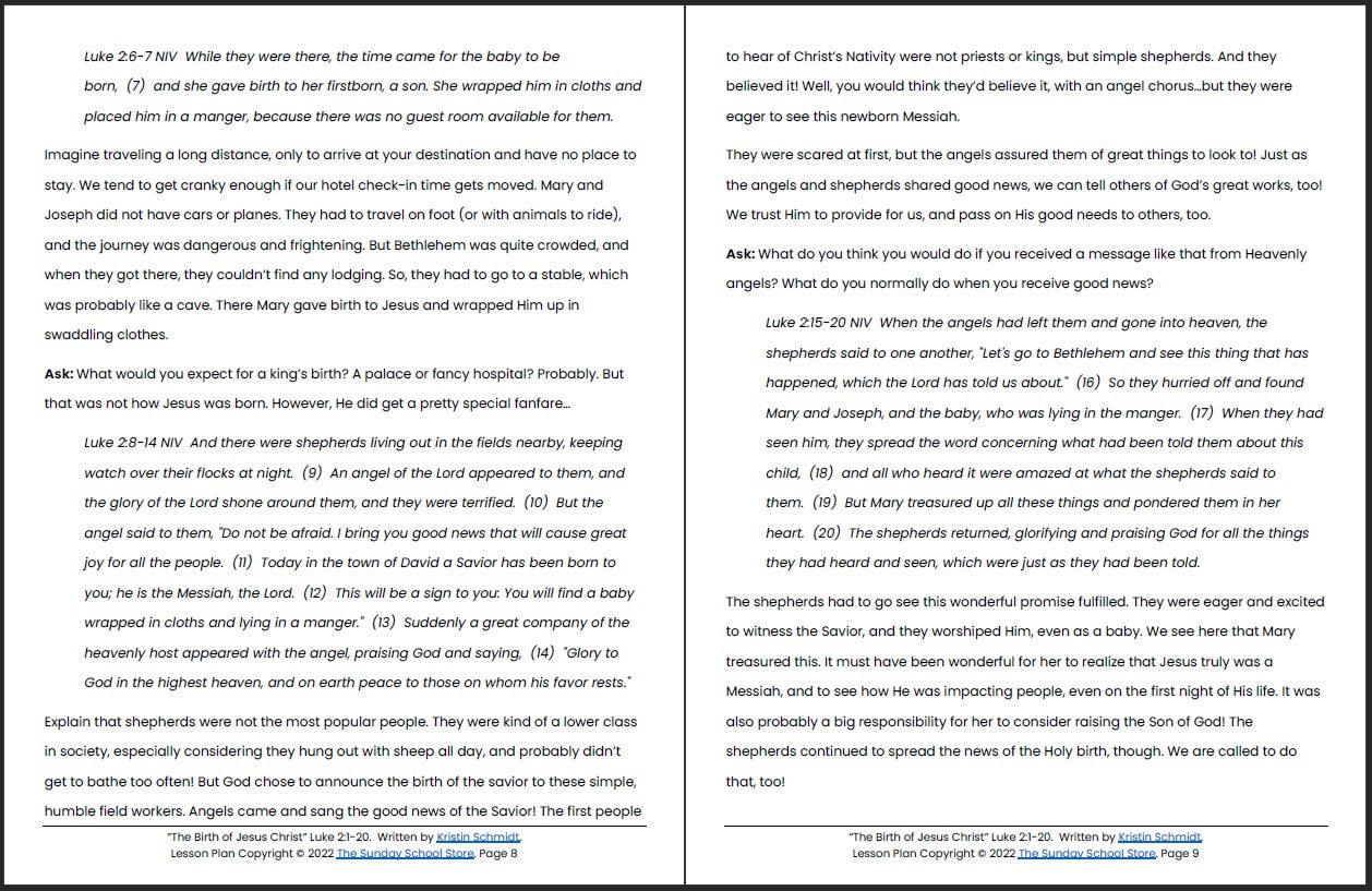 The Birth of Jesus Christ (Luke 2:1-20) Printable Christmas Bible Lesson & Sunday School Activities