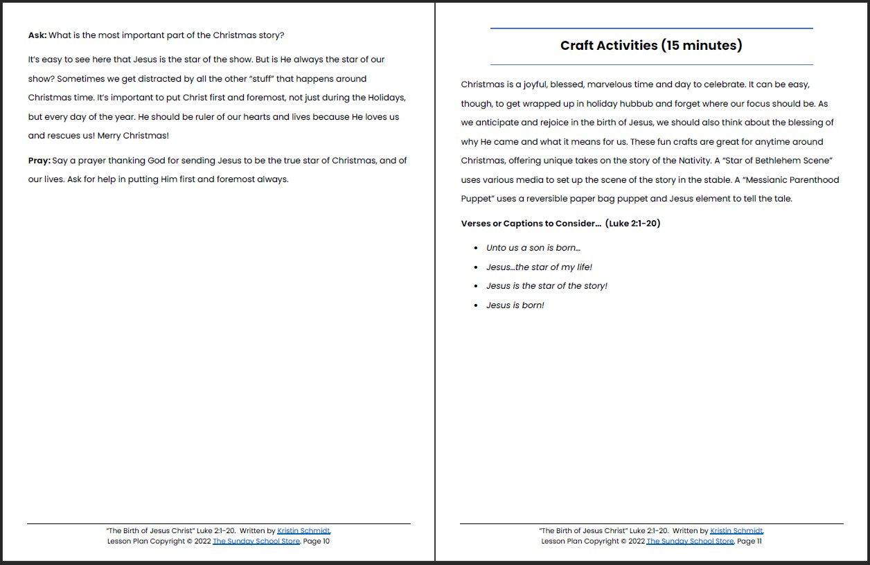 The Birth of Jesus Christ (Luke 2:1-20) Printable Christmas Bible Lesson & Sunday School Activities