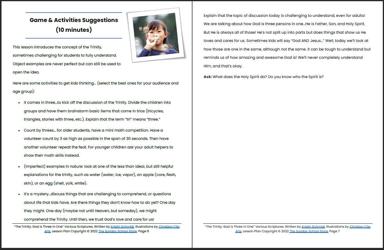 The Trinity: God is Three in One. Printable Bible Lesson & Sunday School Activities - Sunday School Store