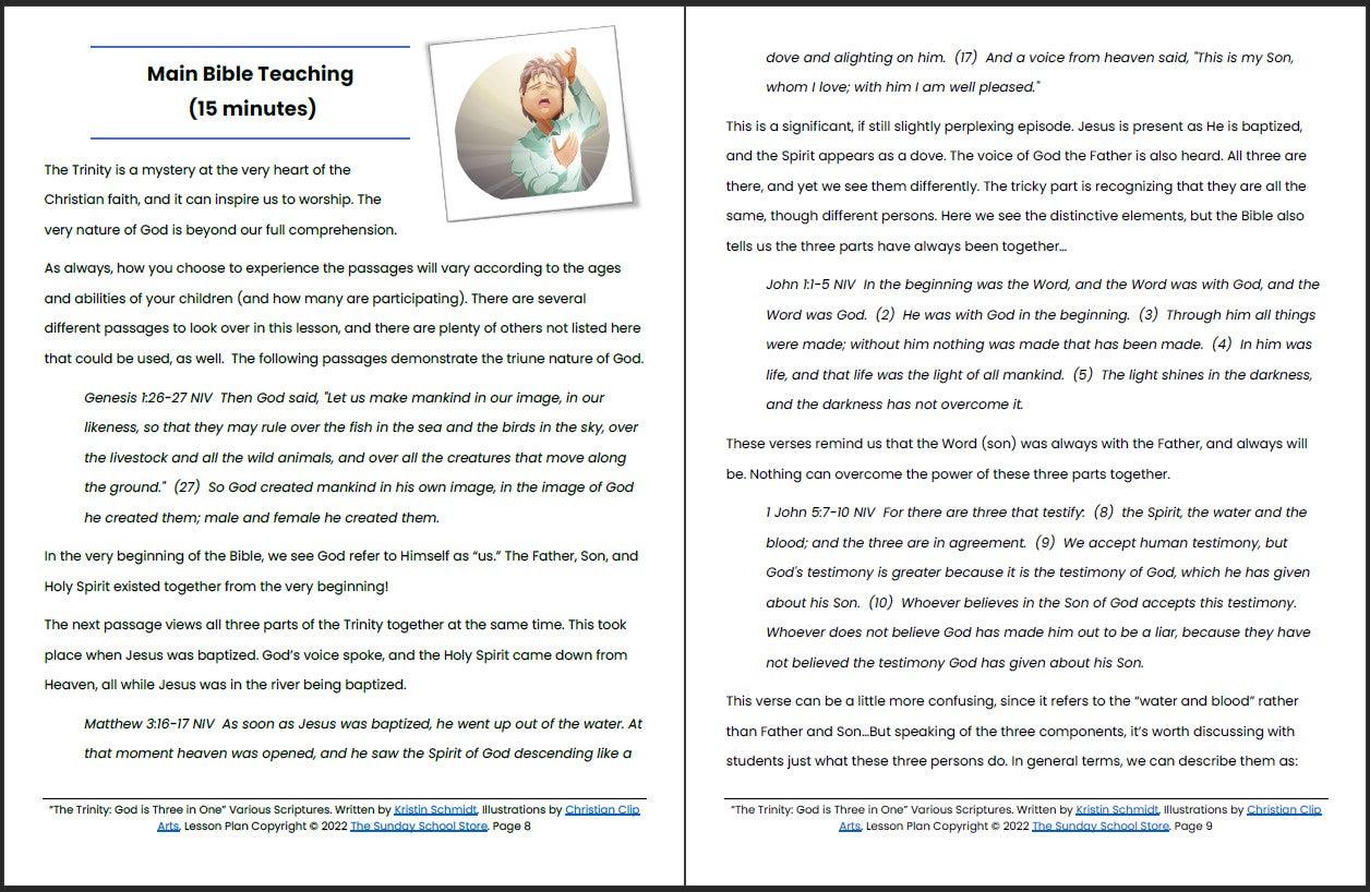 The Trinity: God is Three in One. Printable Bible Lesson & Sunday School Activities - Sunday School Store