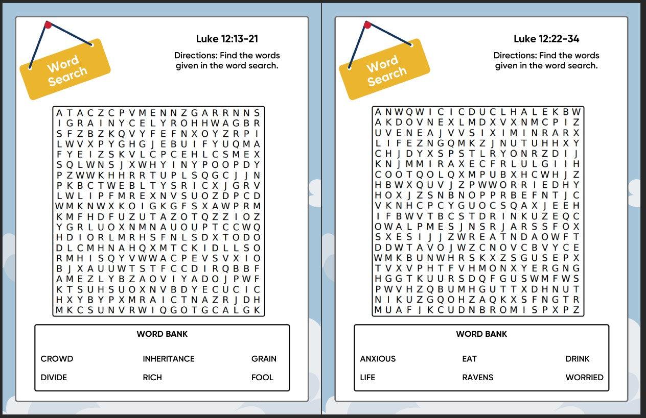 Treasure in Heaven (Luke 12:13-34) Printable Bible Lesson & Sunday School Activities - Sunday School Store