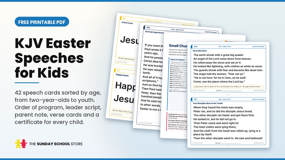 KJV Easter speeches for kids free printable PDF: 42 King James Version speech cards by age