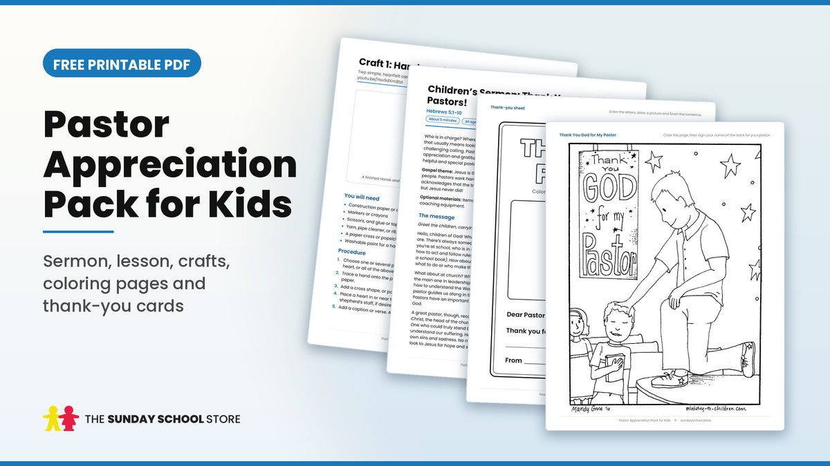 Pastor Appreciation Pack for Kids free printable PDF, showing a pastor appreciation coloring page, a thank-you card to color, a children's sermon and a card craft
