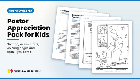 Pastor Appreciation Pack for Kids free printable PDF, showing a pastor appreciation coloring page, a thank-you card to color, a children's sermon and a card craft
