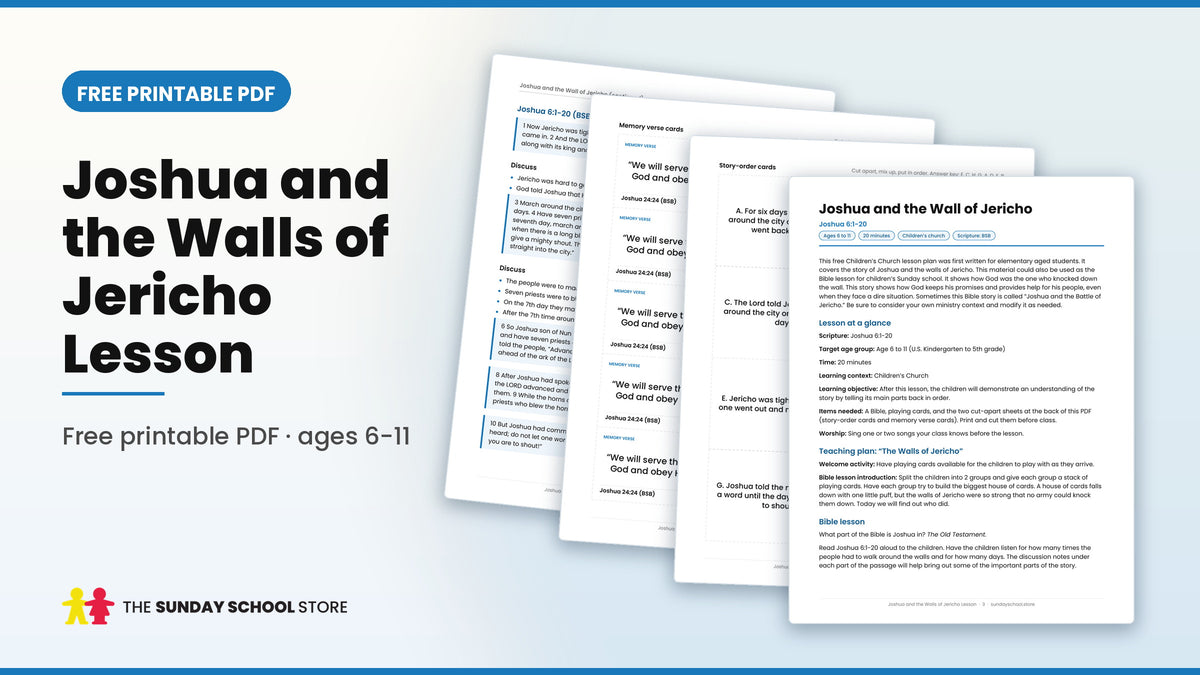 Joshua and the walls of Jericho lesson free printable PDF, showing the lesson pages, story-order cards and memory verse cards for Sunday school