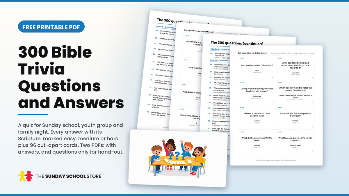 300 Bible Trivia Questions and Answers for kids free printable PDF - cover and sample pages