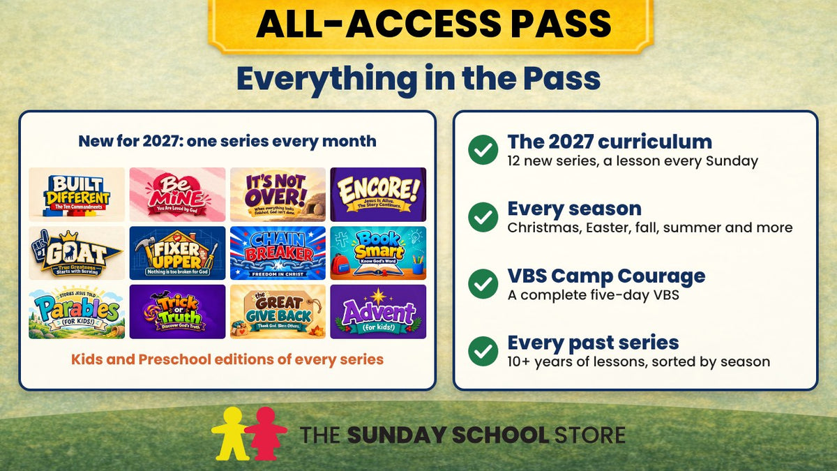 Everything in the All-Access Pass: the 2027 curriculum, one new series every month, Kids and Preschool editions of every series; every season, Christmas, Easter, fall, summer and more; VBS Camp Courage, a complete five-day VBS; every past series, 10+ years of lessons sorted by season.
