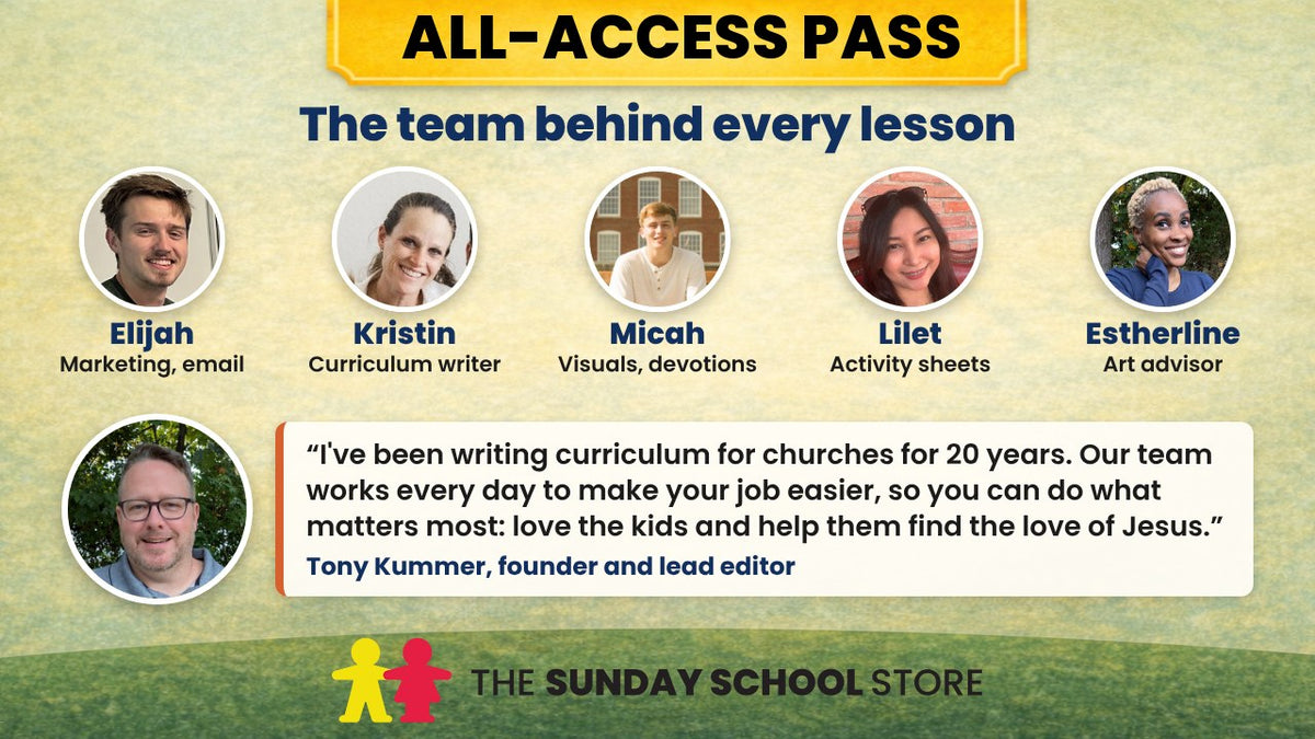 The team behind every lesson: Elijah, marketing and email; Kristin, curriculum writer; Micah, visuals and devotions; Lilet, activity sheets; Estherline, art advisor. Tony Kummer, founder and lead editor: "I've been writing curriculum for churches for 20 years. Our team works every day to make your job easier, so you can do what matters most: love the kids and help them find the love of Jesus."