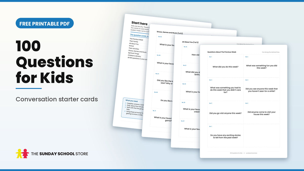 Conversation starters for kids free printable PDF: 100 questions for kids on cut-apart cards, showing the question card pages