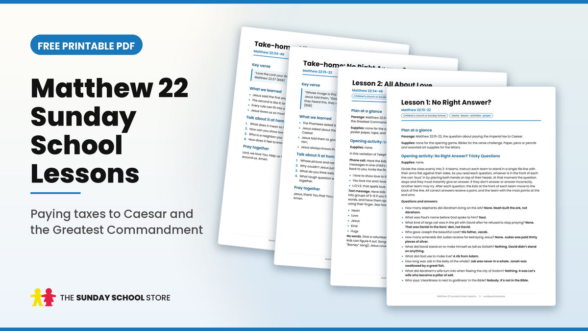 Matthew 22 Sunday School lessons free printable PDF, showing the No Right Answer and All About Love lesson pages and take-home pages