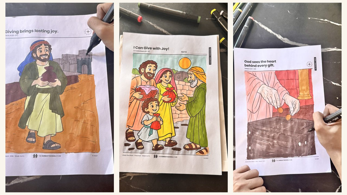 Three Thanksgiving coloring pages from Great Give Back, one of the bonus units in the Holiday 2026 Curriculum Bundle, printed and colored by hand with markers: Kids and Preschool
