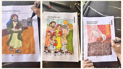 Three Thanksgiving coloring pages from Great Give Back, one of the bonus units in the Holiday 2026 Curriculum Bundle, printed and colored by hand with markers: Kids and Preschool