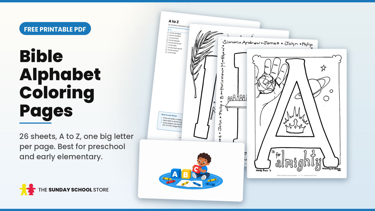 Bible Alphabet Coloring Pages A to Z free printable PDF - cover and sample coloring sheets