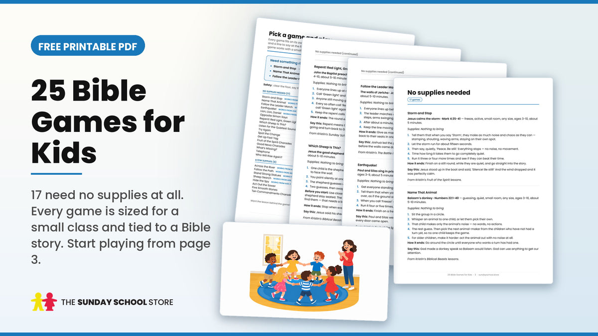 25 Bible Games for Kids free printable PDF - cover and sample game pages