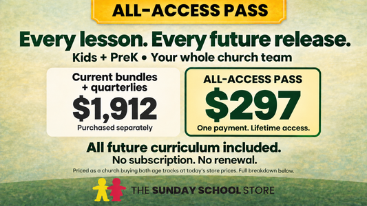 All-Access Pass deal math: the current bundles and quarterlies cost $1,912 purchased separately; the Pass is $297, one payment, lifetime access — priced as a church buying both age tracks at today's store prices