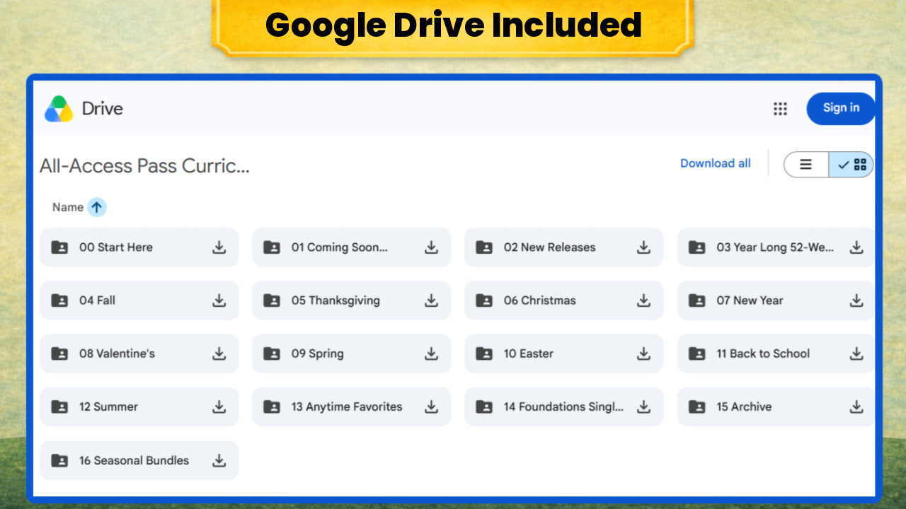 A digital preview of a Google Drive included educational resource bundle, showing a Google Drive interface with folders and lesson plan thumbnails under a yellow banner that reads 'Google Drive Included'.