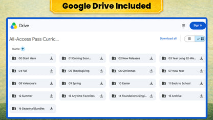 A digital preview of a Google Drive included educational resource bundle, showing a Google Drive interface with folders and lesson plan thumbnails under a yellow banner that reads 'Google Drive Included'.